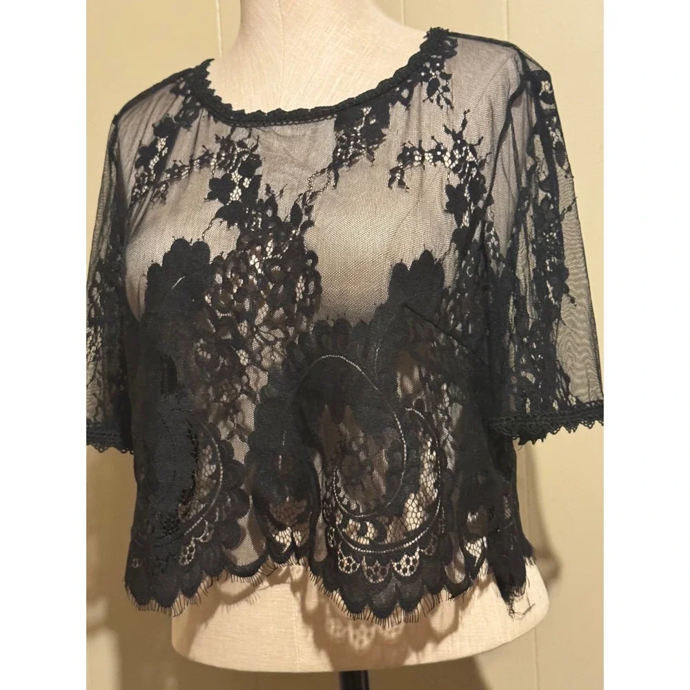 Sheer‎ Black Lace Top Medium Romantic Goth Dark Academia Fairy Grunge Layering - Picture 2 of 7